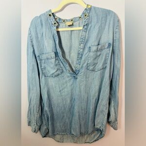 Blue Plunge Neck Long Sleeve Blouse